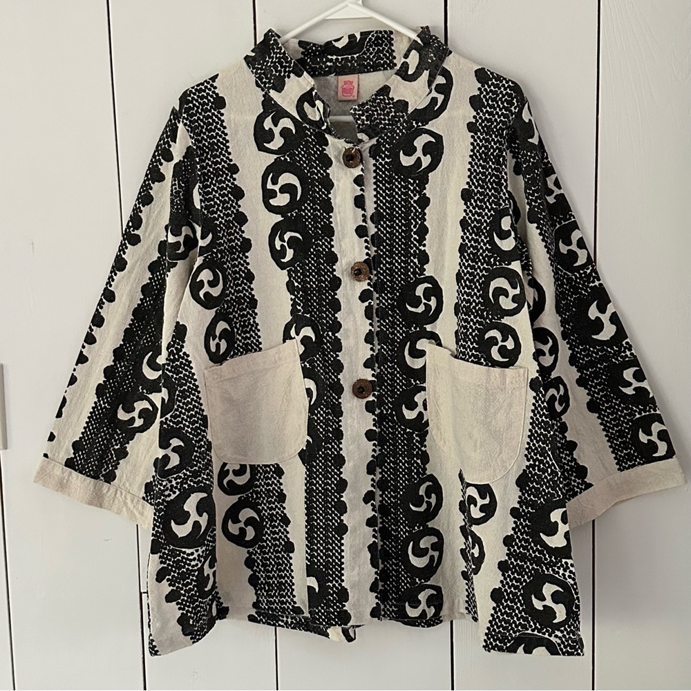 Cupcake Block Print Kimono Style Jacket Top Sz L 100% Cotton Thailand